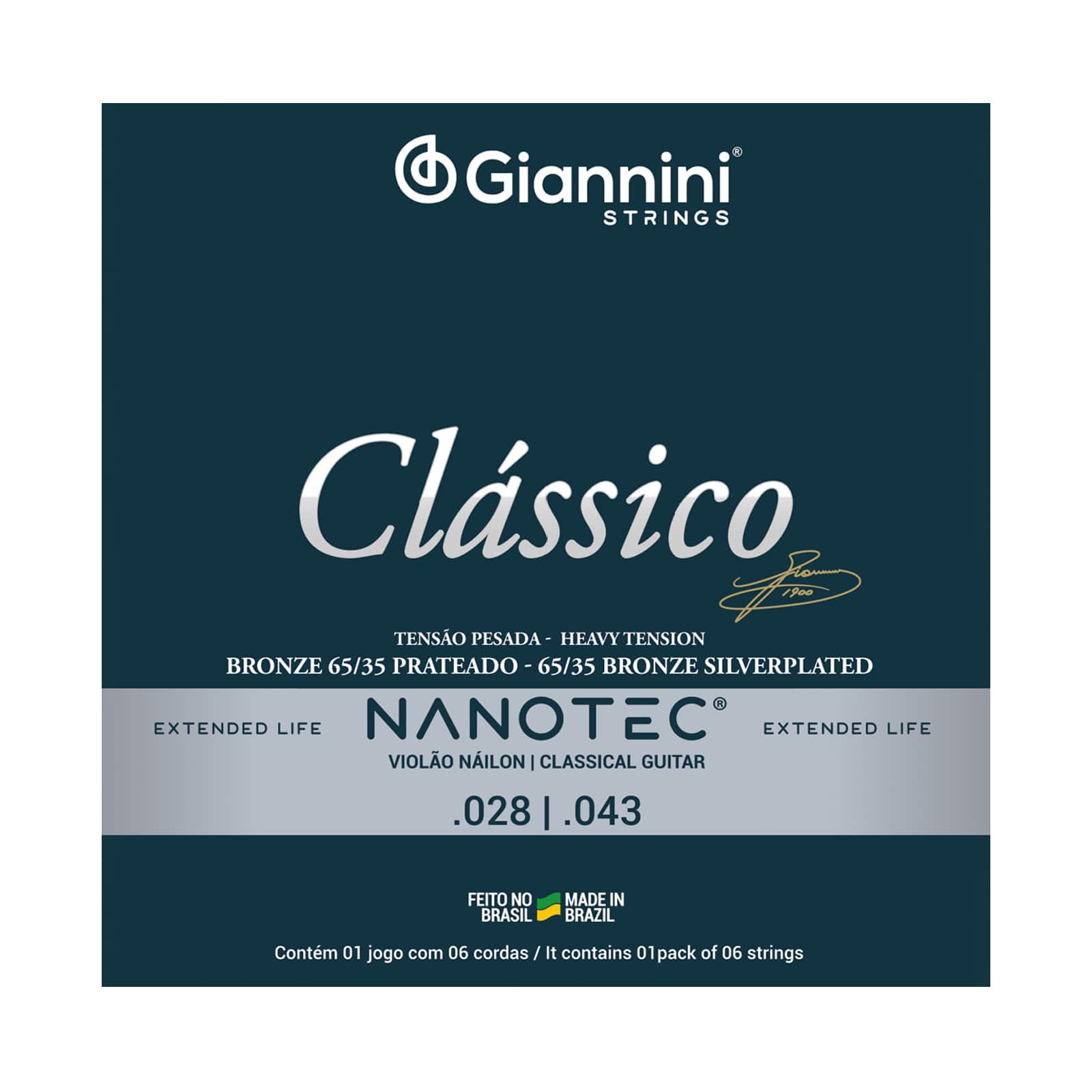 Encordoamento violão nylon prateado Giannini classico alta tensão GENWPA